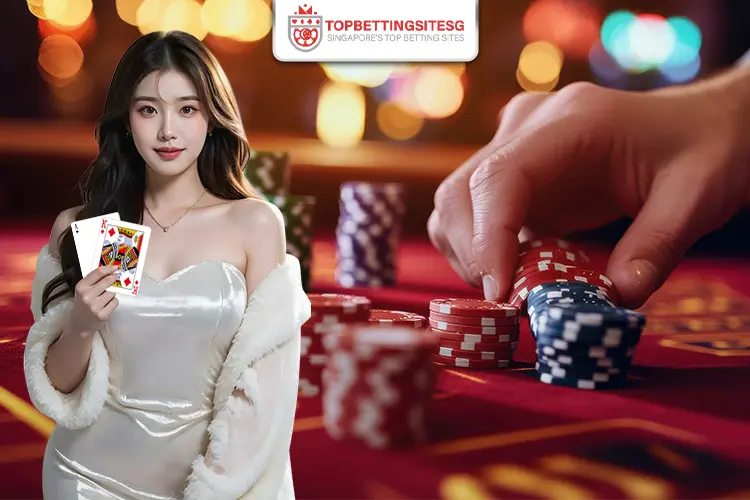 A woman in a white dress and fur shawl holds two playing cards